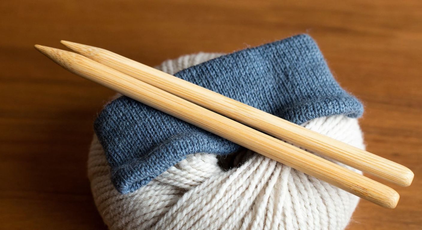 A pair of smooth, polished birchwood knitting needles rests on a ball of soft yarn, with a half-knitted sock draped over them, evoking warmth and craftsmanship.