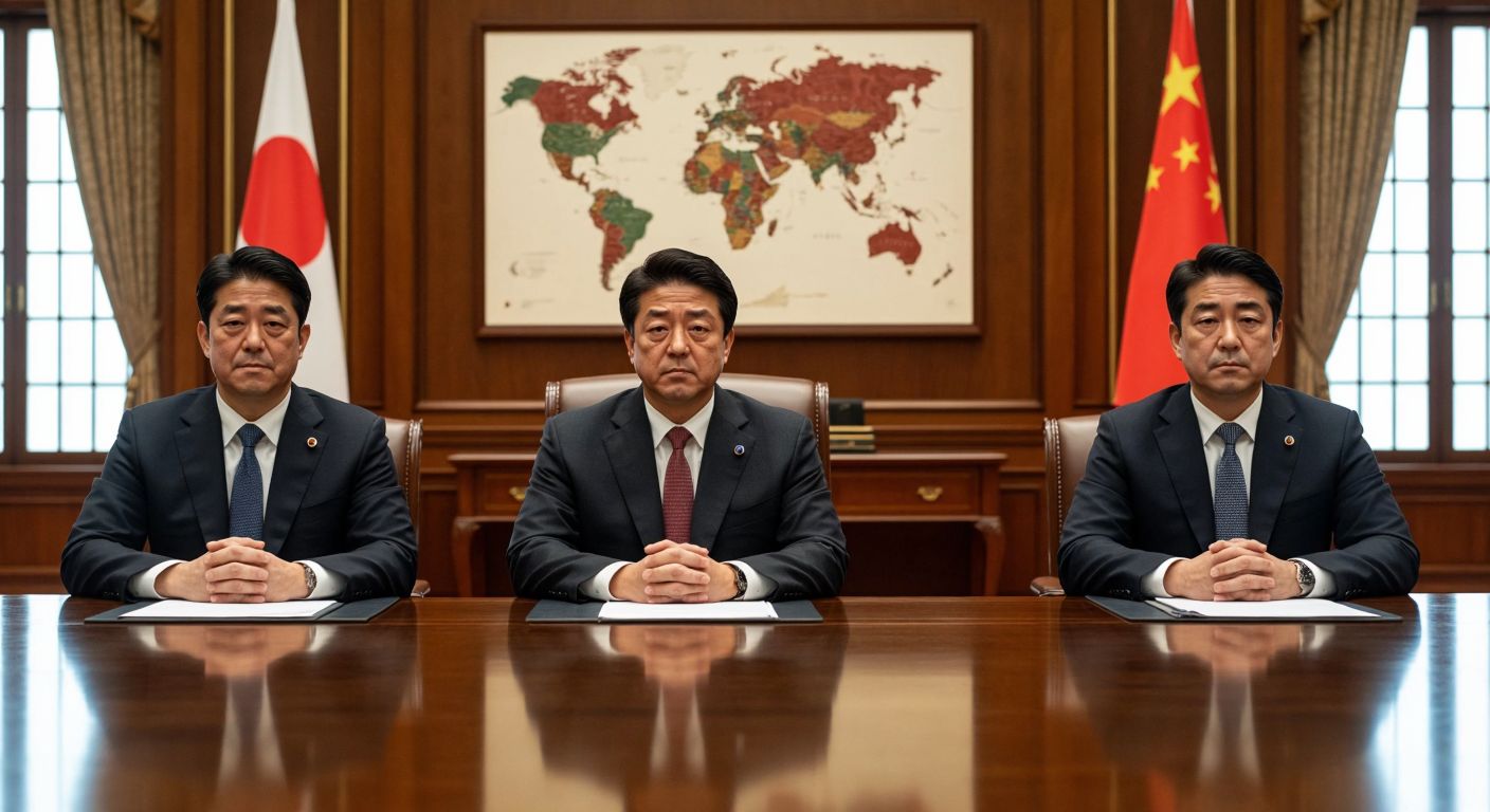 Three stern-faced leaders—one in a dark suit (China), one in a formal kimono (Japan), and one in a sharp business suit (South Korea)—sit at a polished wooden table in a grand conference hall, their hands folded, with a faint tension in the air as a map of East Asia lies between them.