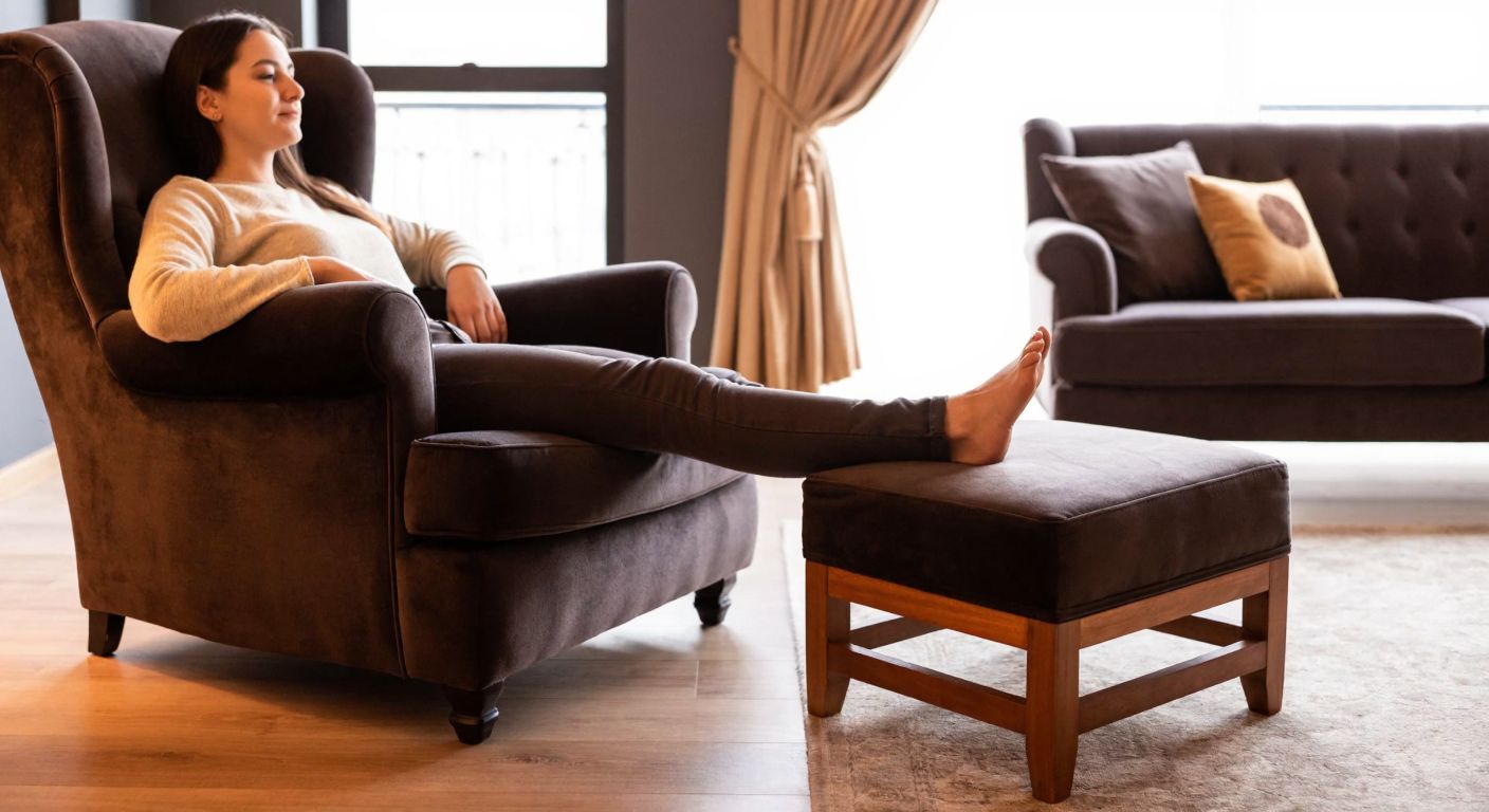 A cozy living room in a Turkish home with a plush armchair and a wooden footrest ottoman placed nearby, where a person relaxes with their feet comfortably extended onto the ottoman.