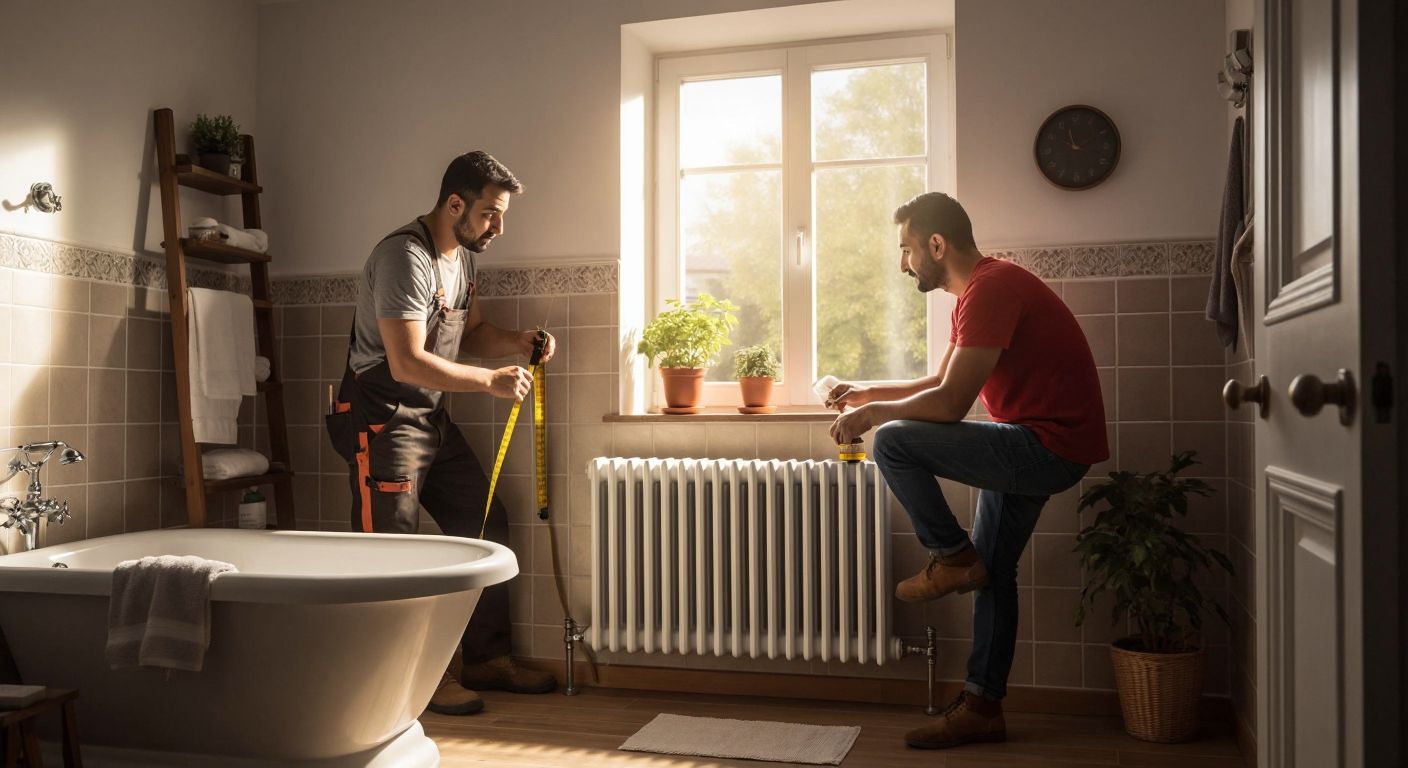 A Turkish handyman in a cozy, tiled bathroom measures a white radiator with a tape measure, while a homeowner in casual clothing watches attentively, warm sunlight streaming through a small window.