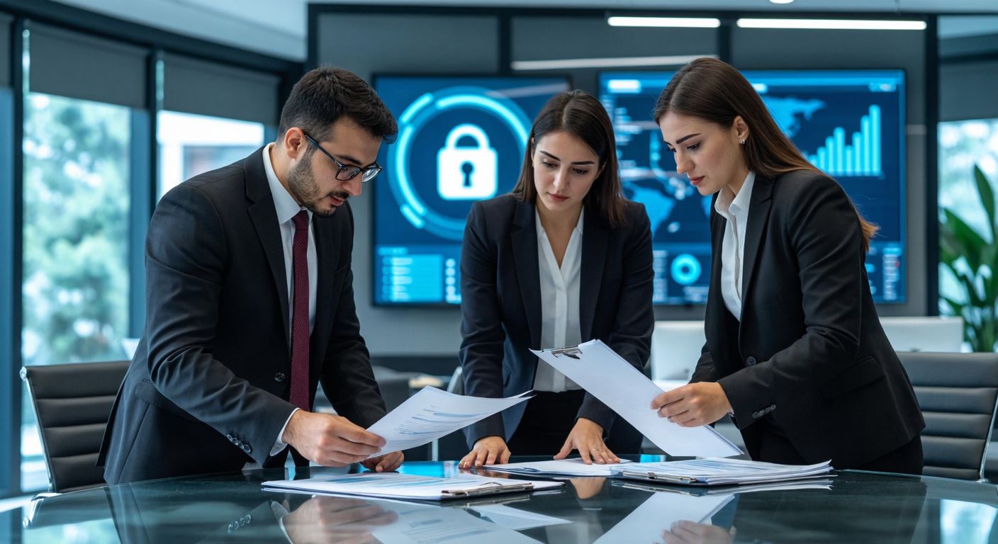 A modern Turkish office setting with professionals in formal attire reviewing financial documents, symbolizing trust and financial analysis, while a secure digital database icon subtly glows in the background.