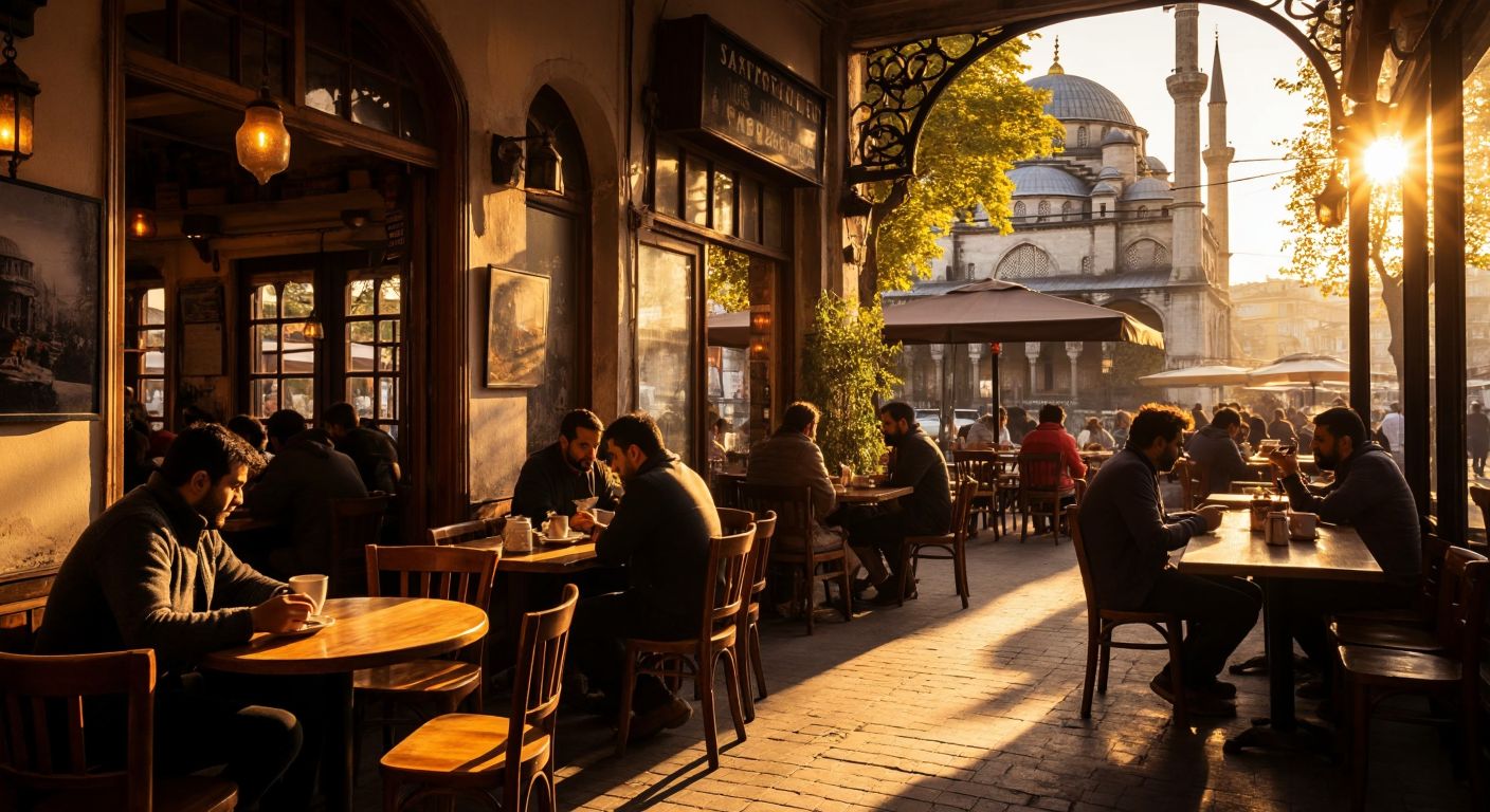 A cozy Istanbul café with warm wooden tables, steaming cups of Turkish coffee, and patrons chatting under soft golden light, framed by the city’s historic architecture.