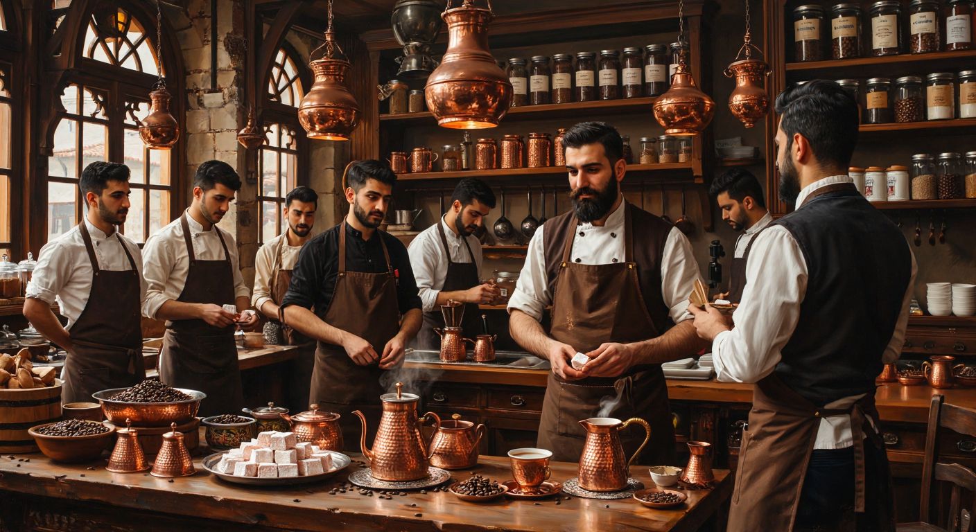 A bustling traditional Turkish coffeehouse with a group of baristas in aprons learning from an experienced instructor, surrounded by copper cezves, trays of Turkish delight, and shelves of aromatic coffee beans, while a proud guild leader in formal attire oversees the scene.