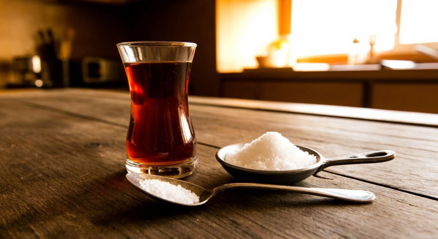 A small Turkish tea glass sits beside a tiny silver spoon filled with white salt, resting on a rustic wooden table with a warm, sunlit kitchen in the background.