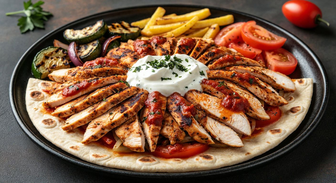 A sizzling plate of thinly sliced chicken döner arranged over warm pita bread, drizzled with rich tomato sauce and topped with a dollop of creamy yogurt, served alongside fresh grilled vegetables.