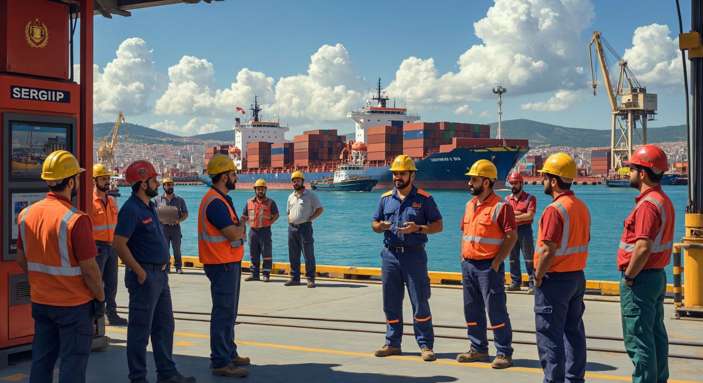 A bustling Turkish port with cargo ships docked in the background, while a diverse group of maritime workers in uniforms and hard hats converse animatedly near a digital kiosk displaying the Sergip logo.