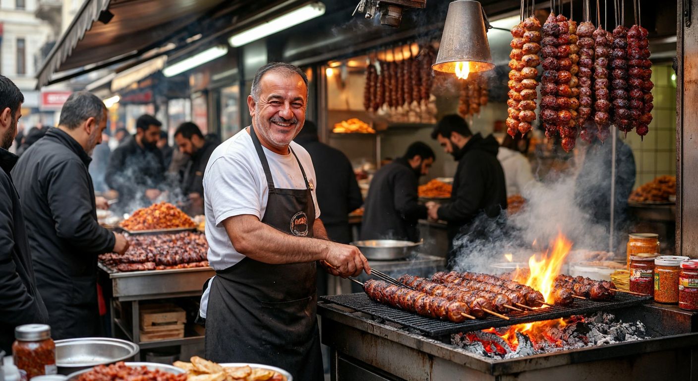 A bustling street food stall in Istanbul, with a smiling middle-aged man in an apron grilling kokoreç over a charcoal fire, surrounded by eager customers and the aroma of spices filling the air.