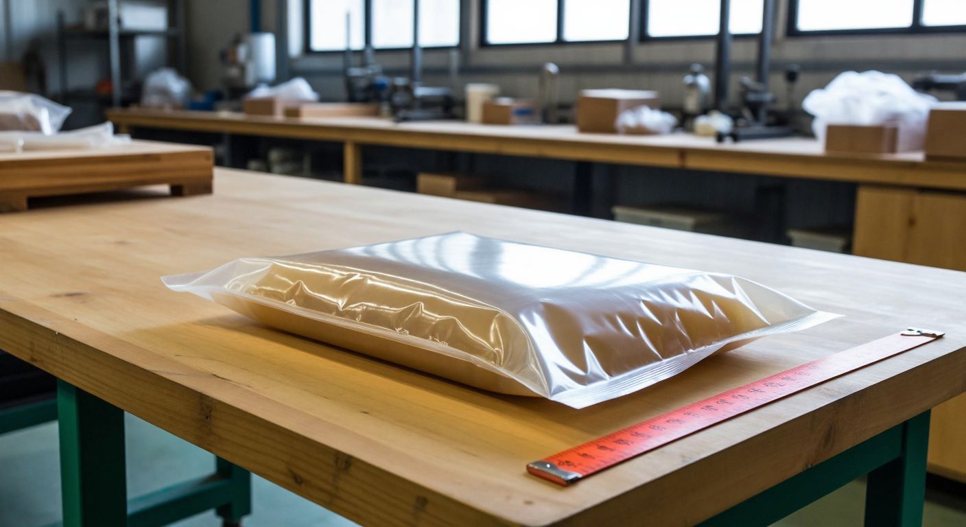 A clear, semi-transparent gelatin pouch lies flat on a wooden table in a Turkish packaging workshop, with a measuring tape stretched alongside it to show its customizable width and length.