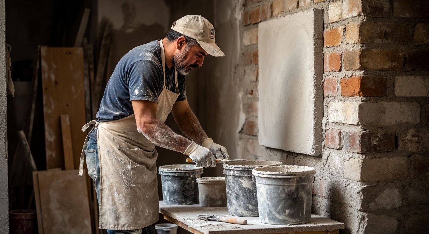 A Turkish craftsman in a dusty apron carefully smoothens wet plaster onto a bare brick wall with a trowel, surrounded by buckets of mixed plaster and tools.