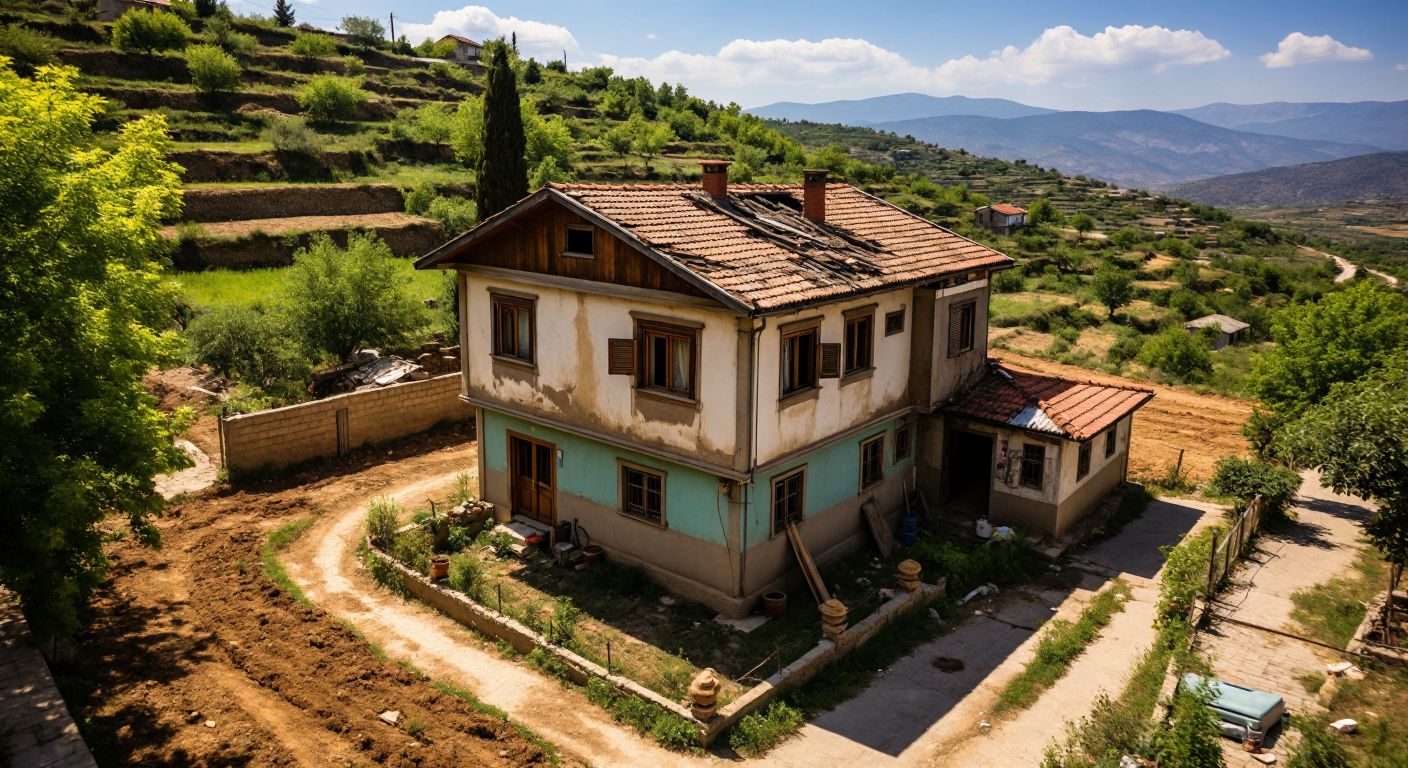 A small, cramped single-story house with a visibly worn roof, surrounded by a narrow plot of land in a Turkish countryside setting, where a frustrated homeowner gestures toward the limited space.