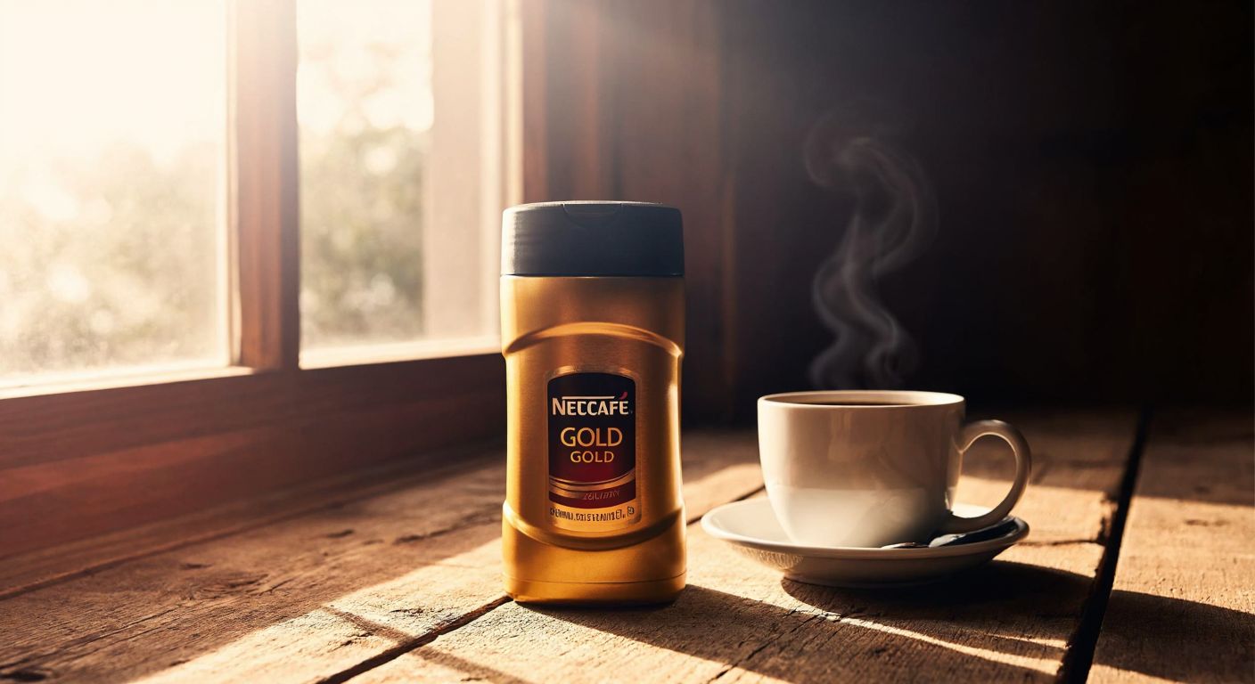 A gleaming metal tin of Nescafé Gold sits on a rustic wooden table beside a steaming cup of coffee, with warm sunlight filtering through a nearby window, evoking freshness and durability.