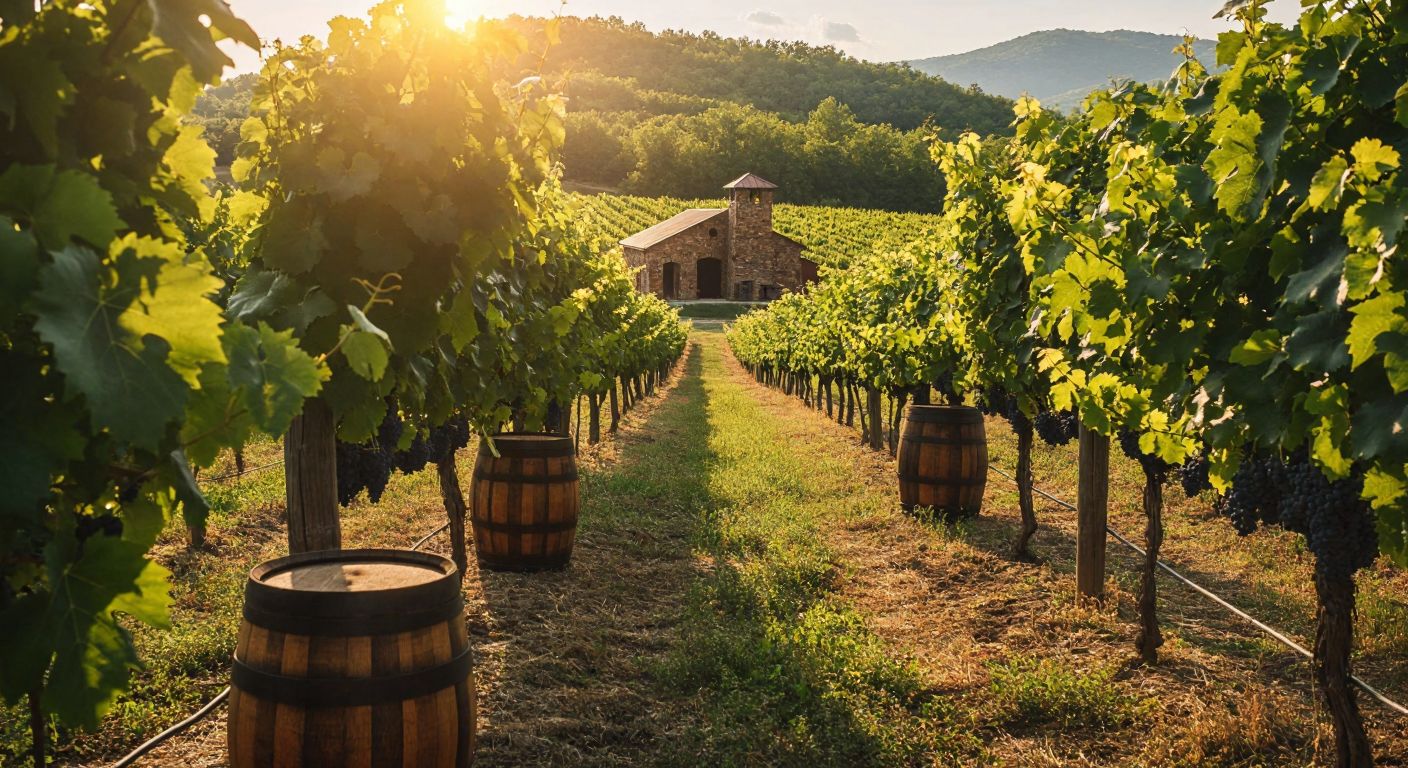 A sunlit Georgian vineyard with rows of lush grapevines, wooden barrels of aging brandy, and a rustic distillery in the background, evoking tradition and craftsmanship.