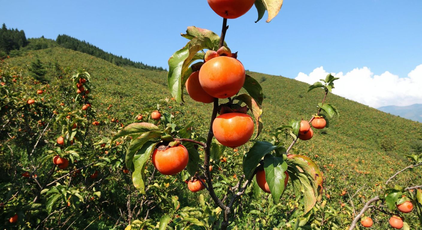 A lush green hillside in Turkey's Black Sea region, dotted with orange-red Trabzon persimmons hanging from slender branches, their glossy skins catching the sunlight.