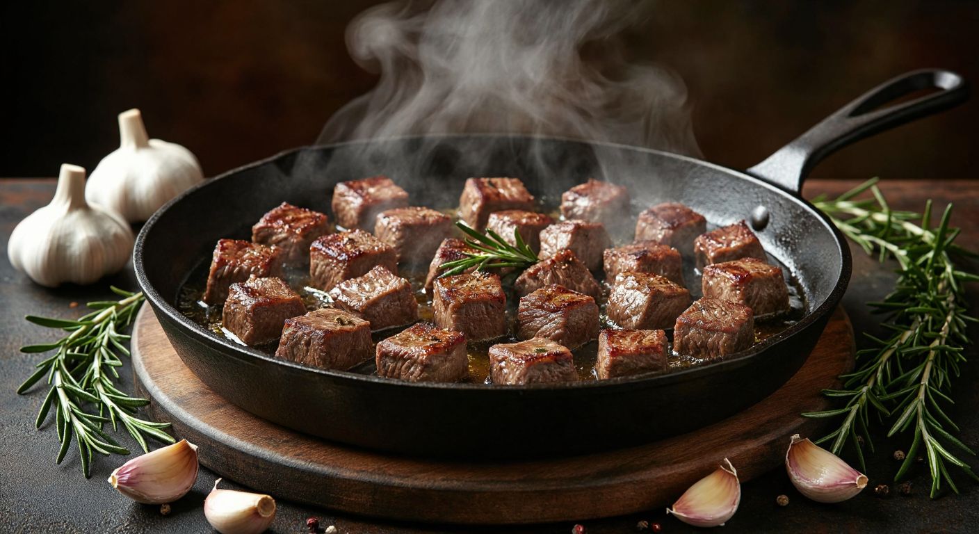 A sizzling cast-iron pan with golden-brown cubes of tender lamb (kuzu lokum) searing in olive oil, surrounded by fresh rosemary sprigs and sliced garlic, emitting aromatic steam against a rustic Turkish kitchen backdrop.