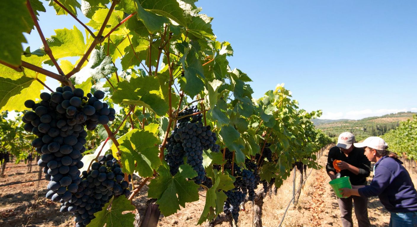 A sunlit Turkish vineyard in late summer, with workers carefully harvesting clusters of deep purple Tabarez grapes under a clear blue sky.