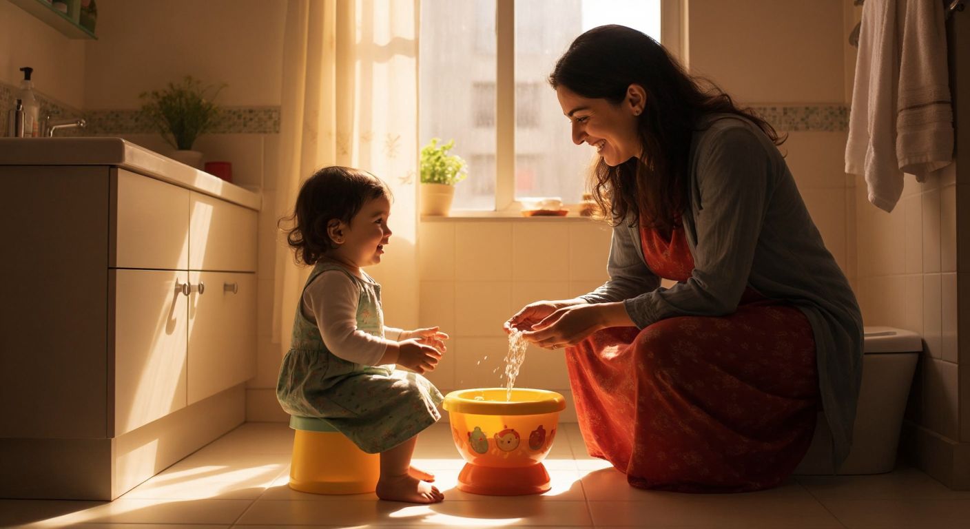 A warm Turkish mother gently guiding her toddler toward a small, colorful potty in a sunlit bathroom, both smiling with patience and encouragement.
