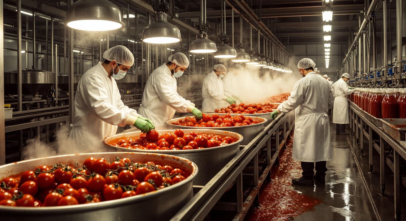 A bustling Turkish ketchup factory with workers in hairnets and white coats sorting ripe red tomatoes, steaming vats of simmering sauce, and conveyor belts carrying filled glass bottles under warm golden light.