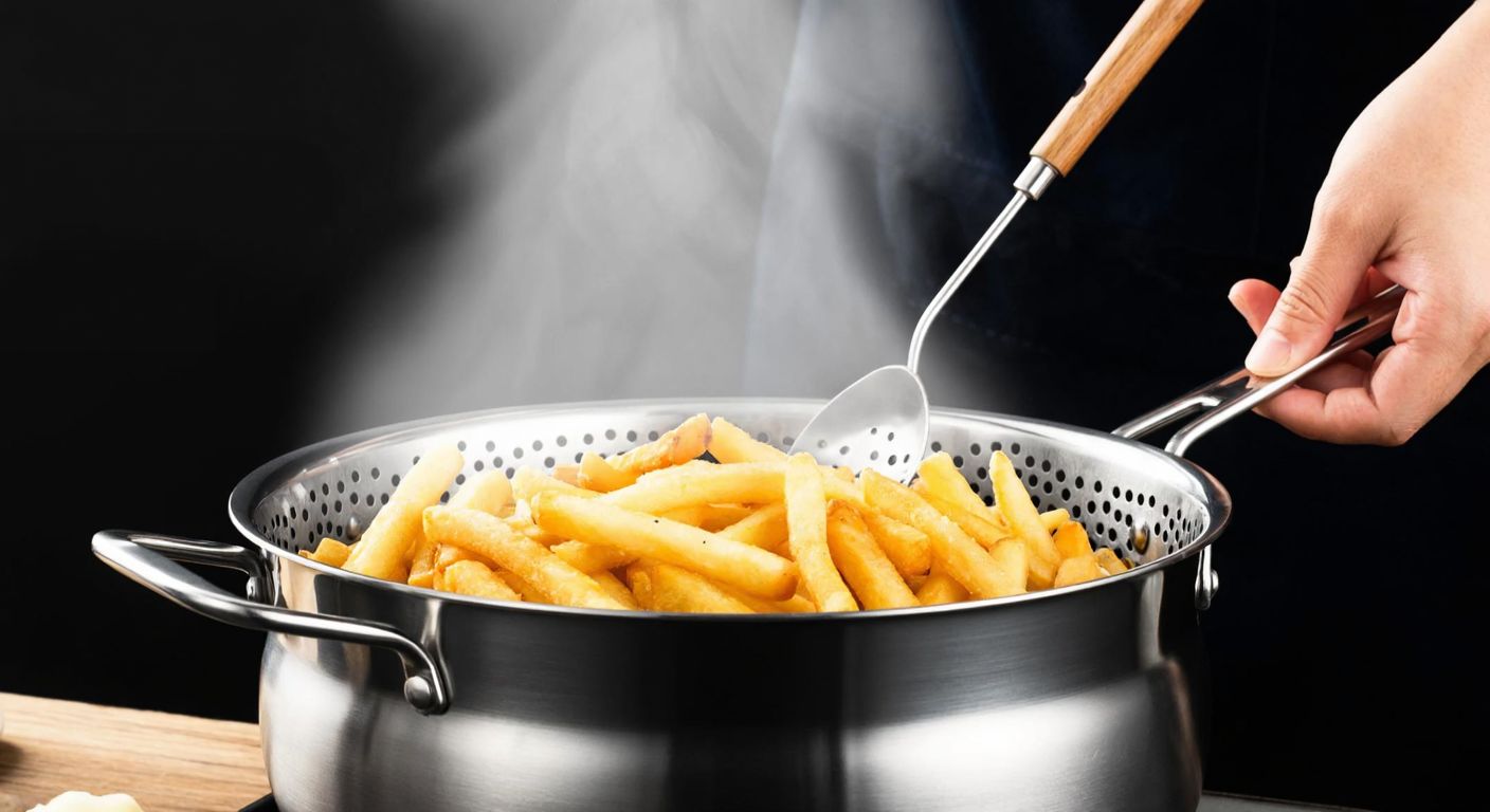A sturdy stainless steel colander with small, closely spaced holes sits over a deep pot, filled with golden, crispy french fries, while steam rises and a hand with a wooden spoon hovers nearby, ready to serve.