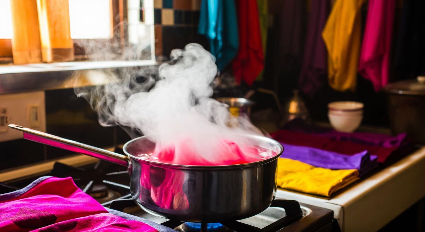 A steaming stainless steel pot on a stove, filled with vibrant fabric dye swirling in hot water, surrounded by colorful folded fabrics in a Turkish kitchen with warm lighting.