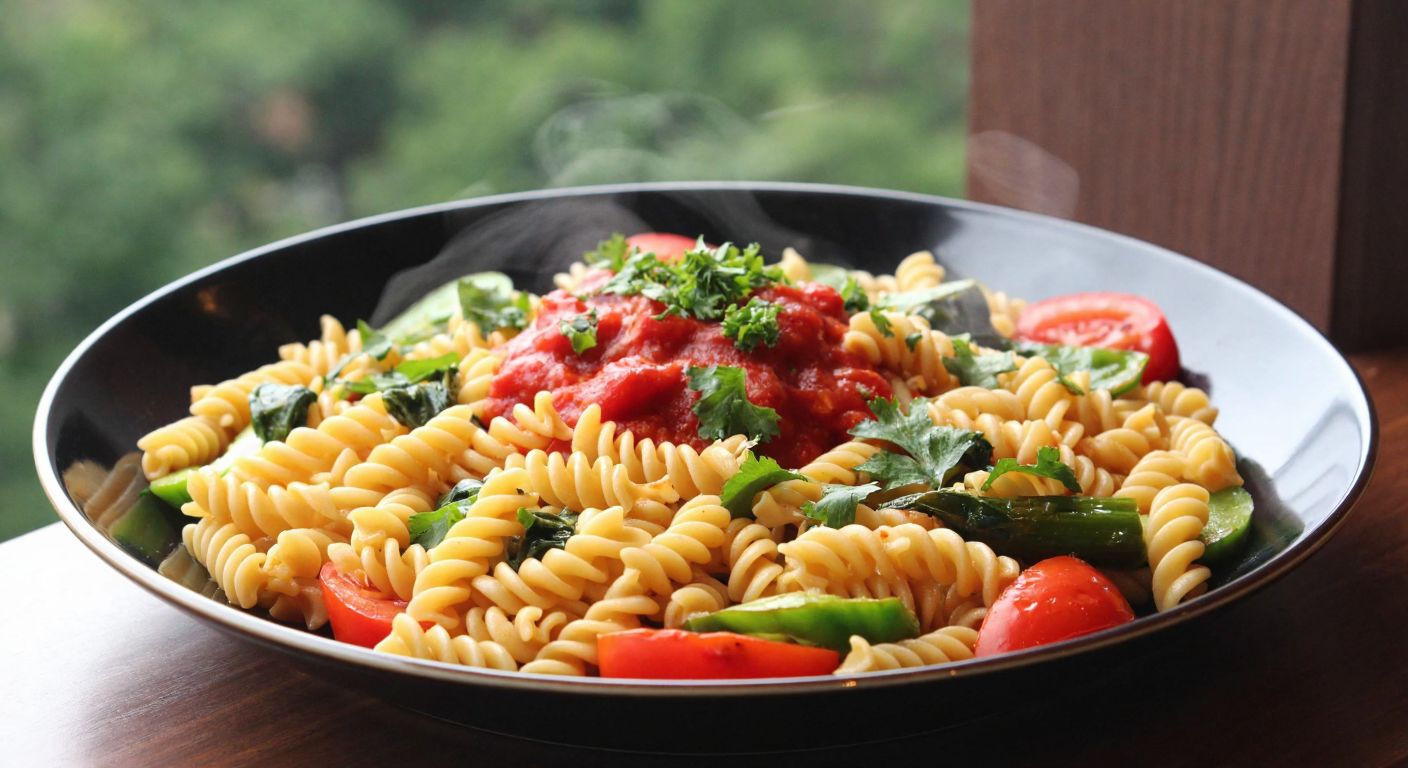 A steaming plate of golden, curly pasta topped with fresh herbs, served alongside vibrant vegetables and a drizzle of olive oil, evoking warmth and nourishment in a cozy Turkish kitchen.