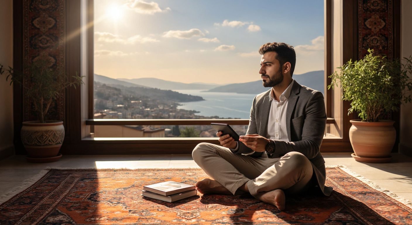 A calm Turkish investor sits cross-legged on a patterned rug, holding a small digital wallet while gazing confidently at a distant horizon, symbolizing long-term patience and resilience in crypto investment.
