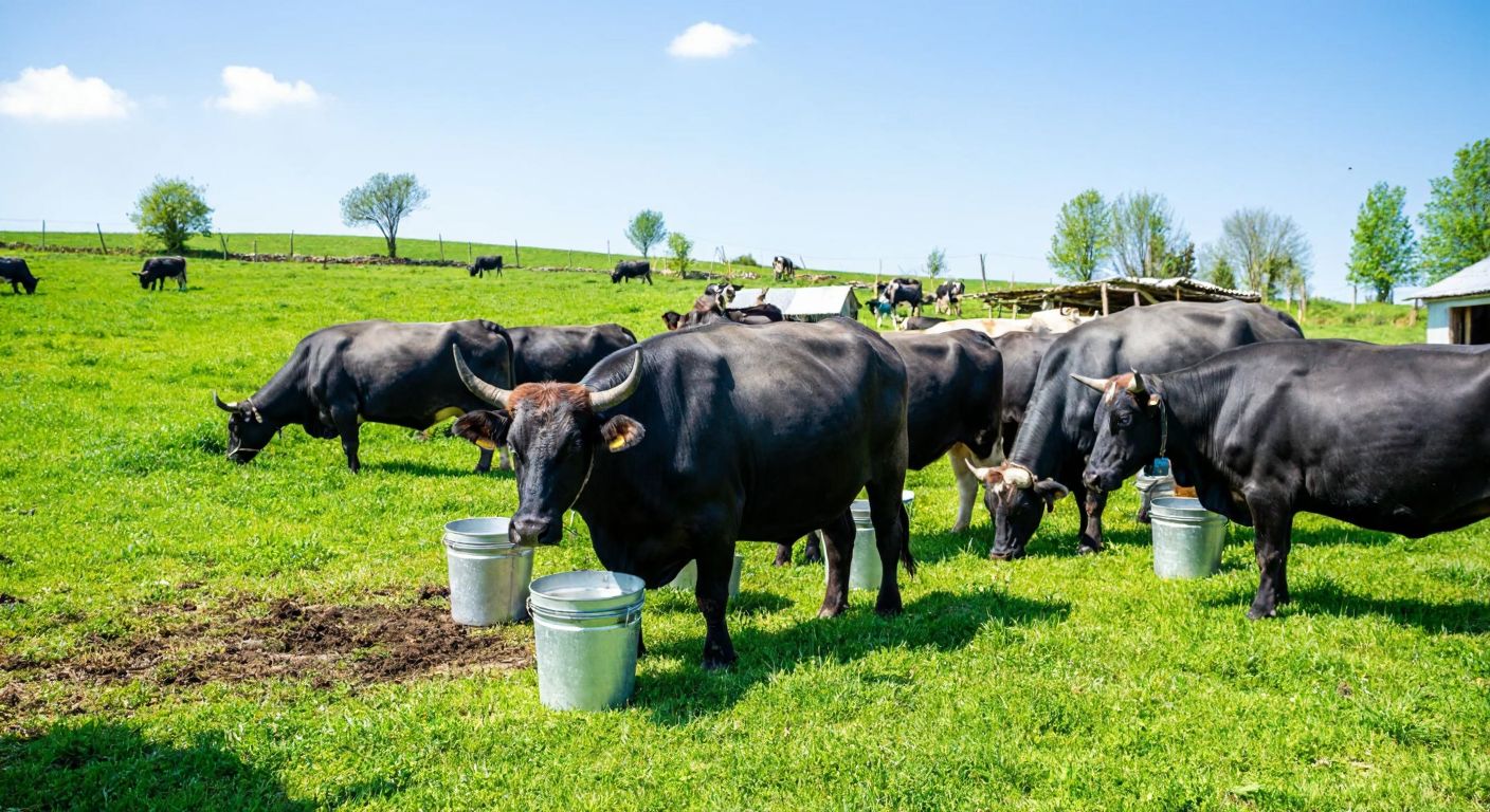 A lush green farm in Kırklareli's Vize district with grazing water buffaloes and dairy cows, their milk being collected in shiny metal pails under a bright blue sky.