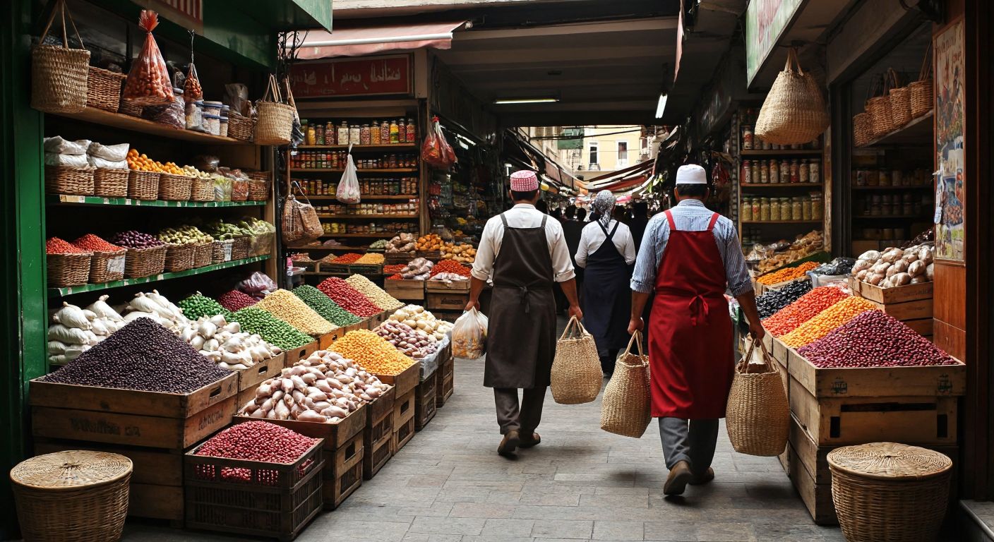 A bustling Turkish marketplace with sacks of colorful legumes, crates of fresh poultry, and shelves stocked with pantry staples, surrounded by vendors in aprons and customers carrying woven shopping bags.