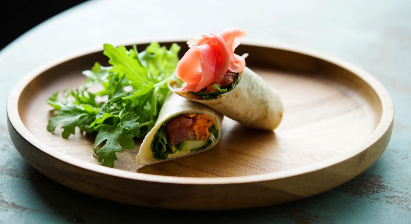 A neatly rolled sushi wrap on a wooden plate, garnished with fresh green herbs and a slice of pink ginger, placed on a rustic table with a soft, natural light highlighting its vibrant colors.