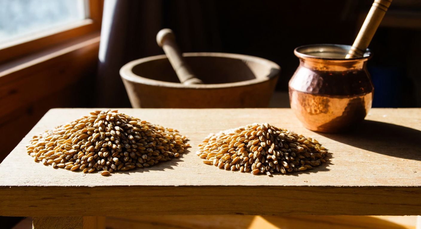 A rustic wooden table in a sunlit Karadeniz village displays two small piles of wheat—one of golden siyez grains with their distinct elongated shape, and another of shorter, plumper cüce buğday kernels, with a traditional Turkish copper mortar and pestle beside them.