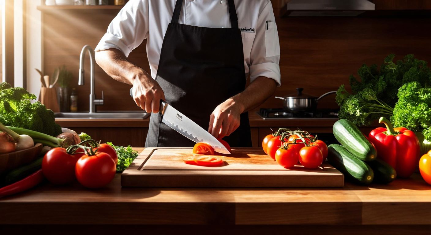 A Turkish chef in a sunlit kitchen confidently chops fresh vegetables on a wooden cutting board with a gleaming chef's knife, surrounded by vibrant tomatoes, cucumbers, and peppers.
