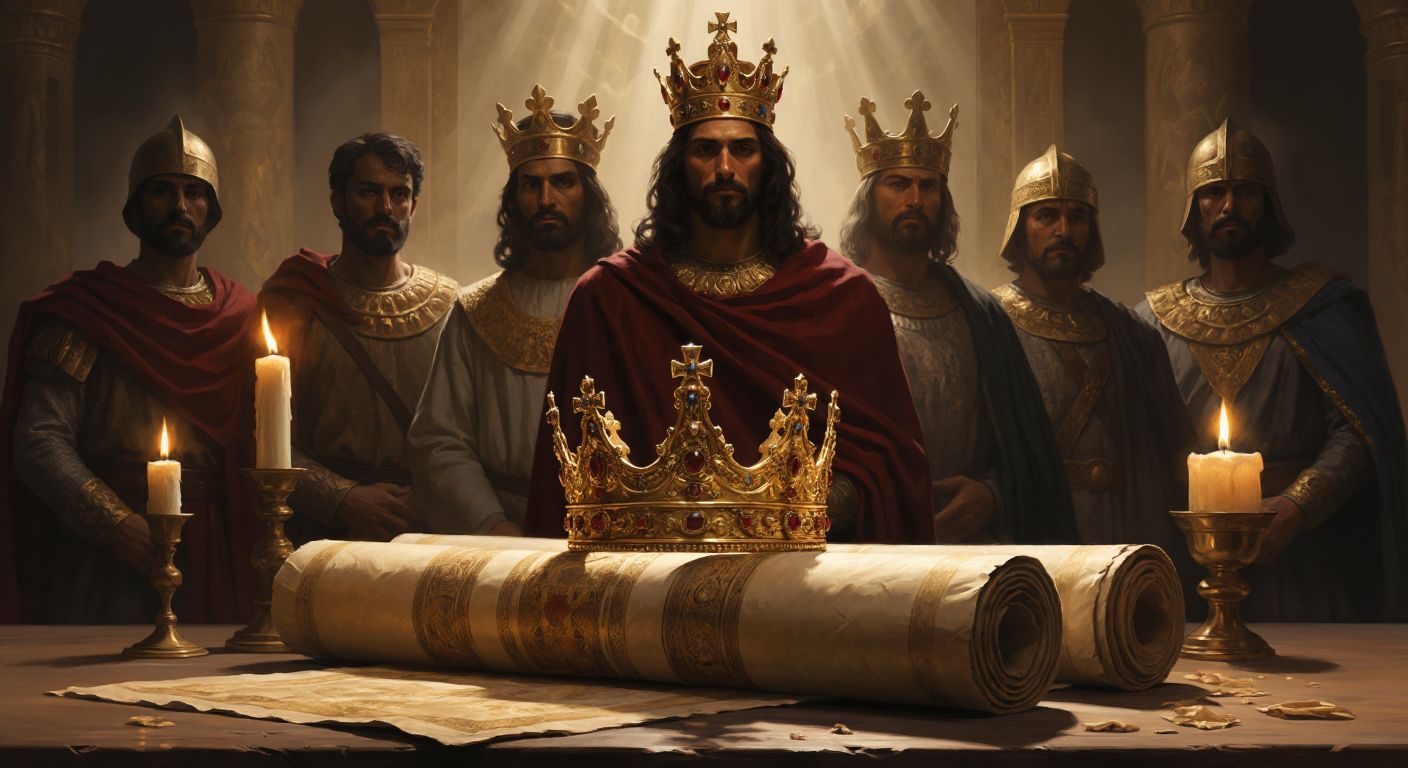 A regal golden crown rests atop an ancient scroll unfurled on a wooden table, surrounded by faint silhouettes of historical kings from different cultures, their faces solemn and dignified under soft candlelight.