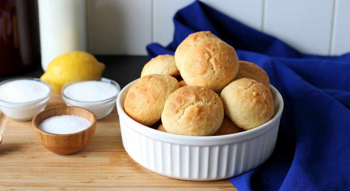 A warm Turkish kitchen with a wooden countertop displaying a bowl of golden-brown *anne kurabiyesi* dough, surrounded by small bowls of baking soda, buttermilk, ayran, egg whites, and salt, with a lemon half nearby.