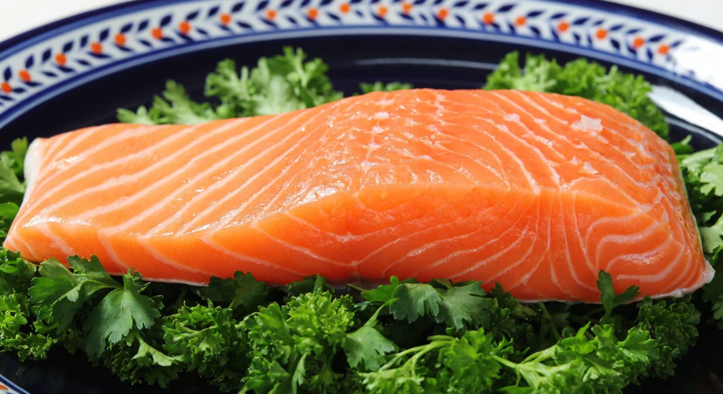 A fresh, glistening salmon fillet resting on a bed of vibrant green herbs, with a Turkish ceramic plate in the background.