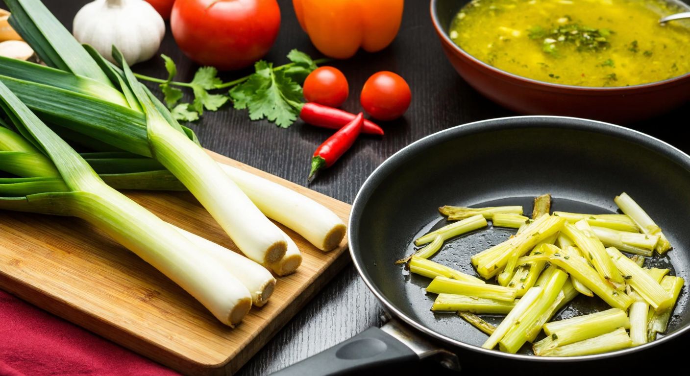 A vibrant Turkish kitchen scene with fresh leeks neatly arranged on a wooden cutting board, surrounded by colorful vegetables, a steaming bowl of soup, and a sizzling pan of sautéed leeks with olive oil and herbs.