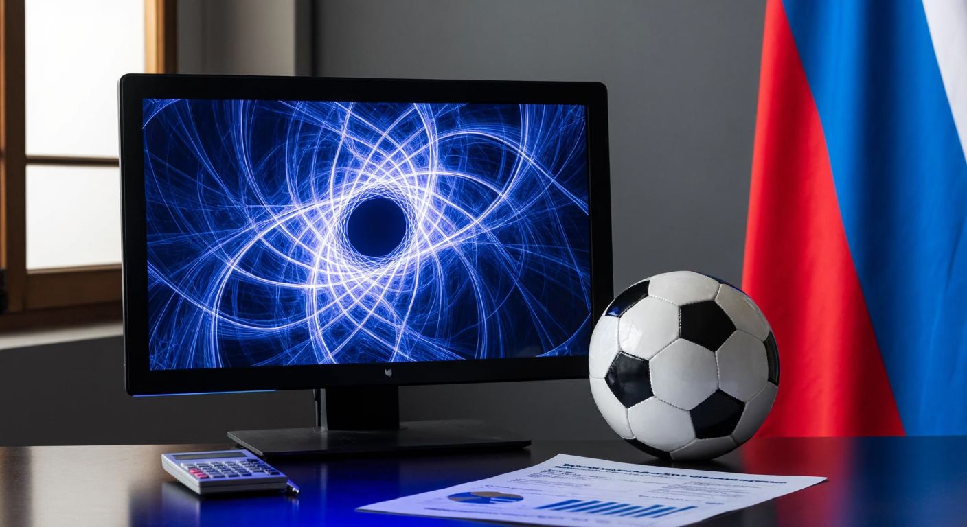 A glowing computer screen displaying a fractal pattern next to a soccer ball on a desk, with a financial contract and a French flag in the background.