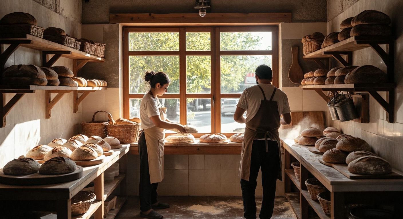 A warm, rustic bakery in Ankara with wooden shelves displaying freshly baked sourdough loaves, a Turkish baker in an apron dusting flour, and a customer hesitantly examining a loaf while sunlight streams through the window.