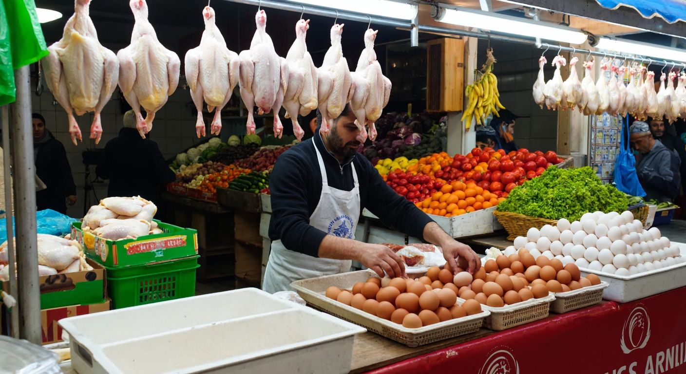 A bustling Turkish market stall with fresh chickens hanging, a vendor in an apron arranging eggs, and colorful produce in the background, evoking warmth and local commerce.