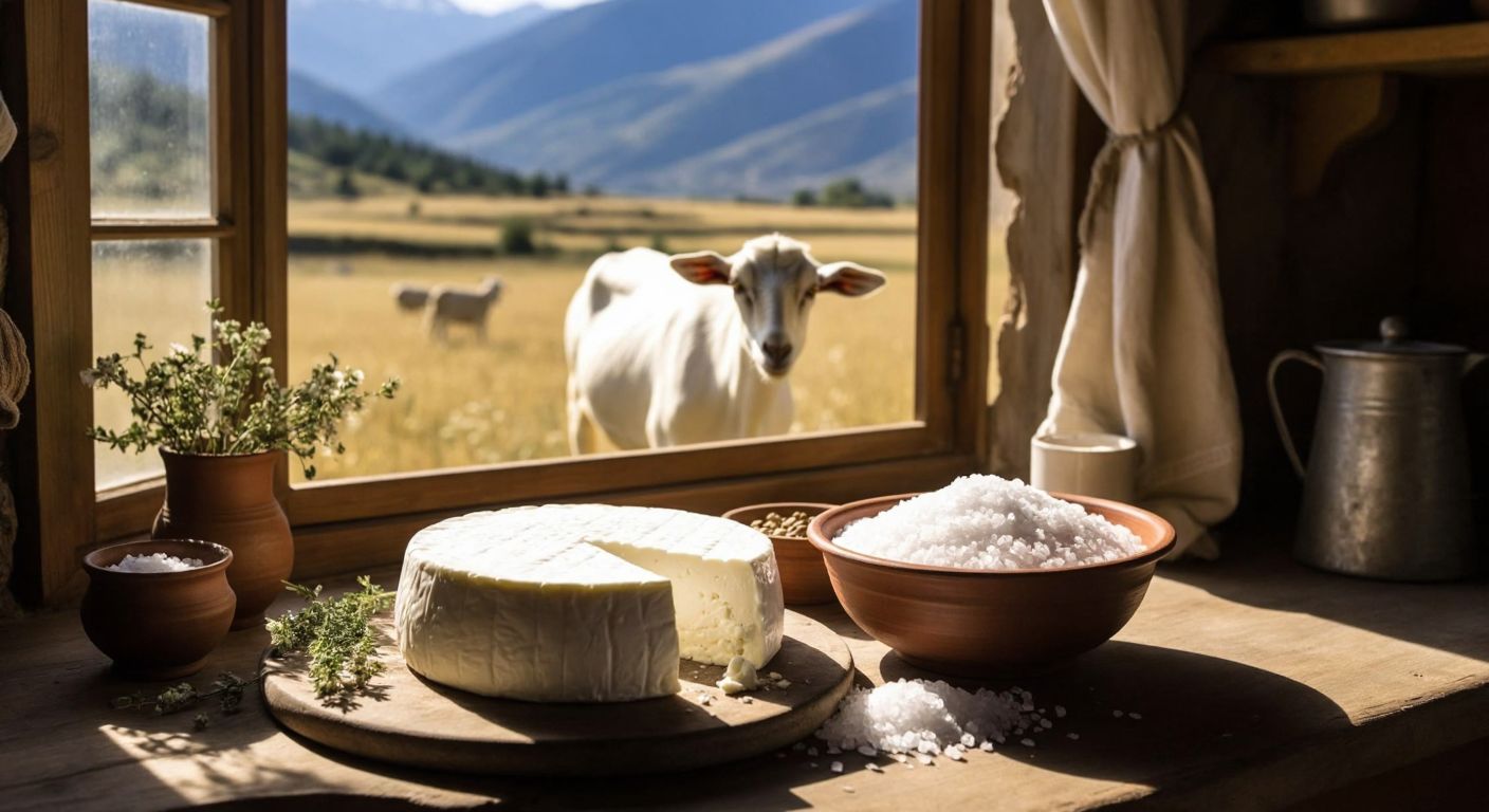 A rustic wooden table in a sunlit Turkish kitchen holds a round block of white hellim cheese, a clay bowl of fresh goat’s milk, and scattered salt crystals, with a grazing goat visible through the open window.