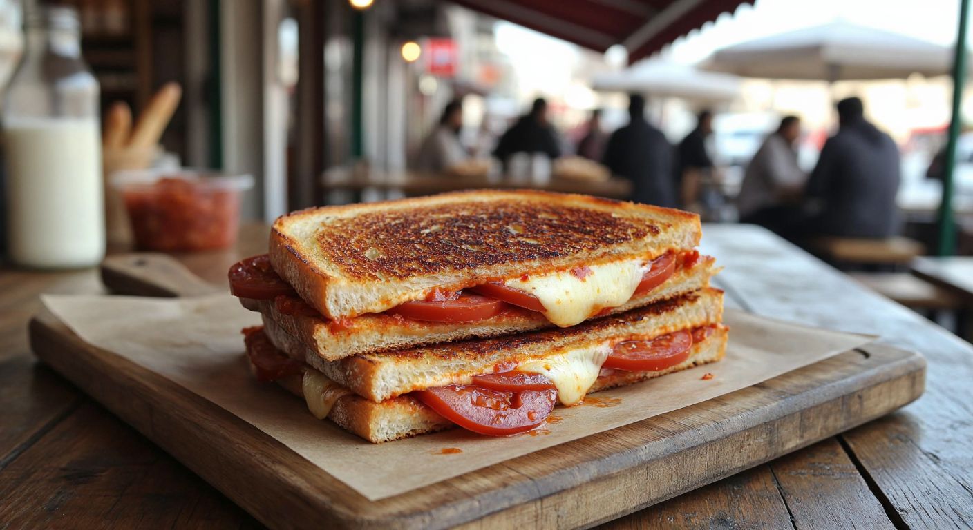 A golden-brown **Susurluk tostu** with crispy **tava ekmeği**, oozing melted **kelle peyniri**, slices of **dana sucuğu**, and a glossy layer of **domates salçası**, resting on a rustic wooden table in a bustling Turkish street food stall.