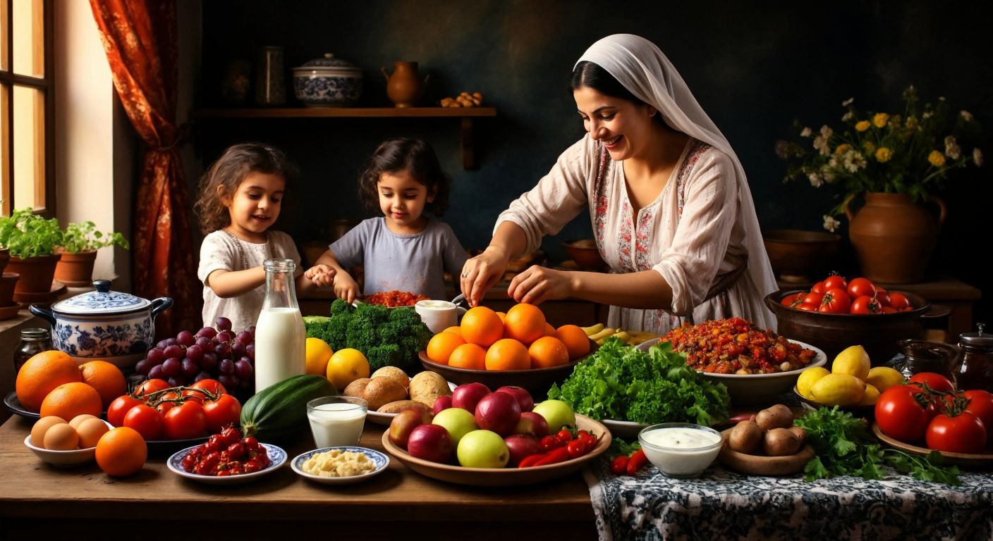 A vibrant Turkish kitchen table laden with fresh fruits, vegetables, yogurt, eggs, and a glass of milk, surrounded by smiling children and a mother figure joyfully preparing a colorful meal.