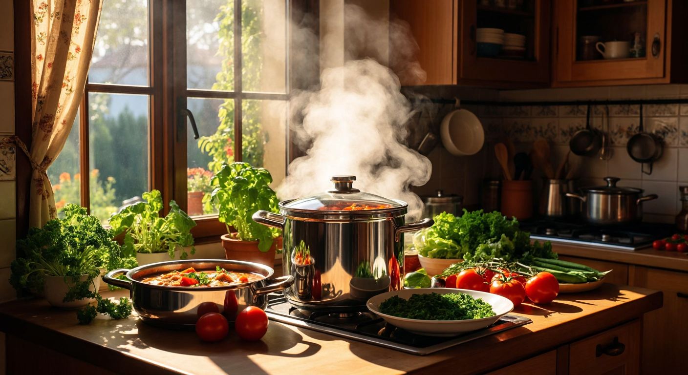 A gleaming stainless steel pressure cooker sits on a kitchen counter in a sunlit Turkish home, surrounded by fresh vegetables and a pot of aromatic stew, with steam gently rising from its valve.