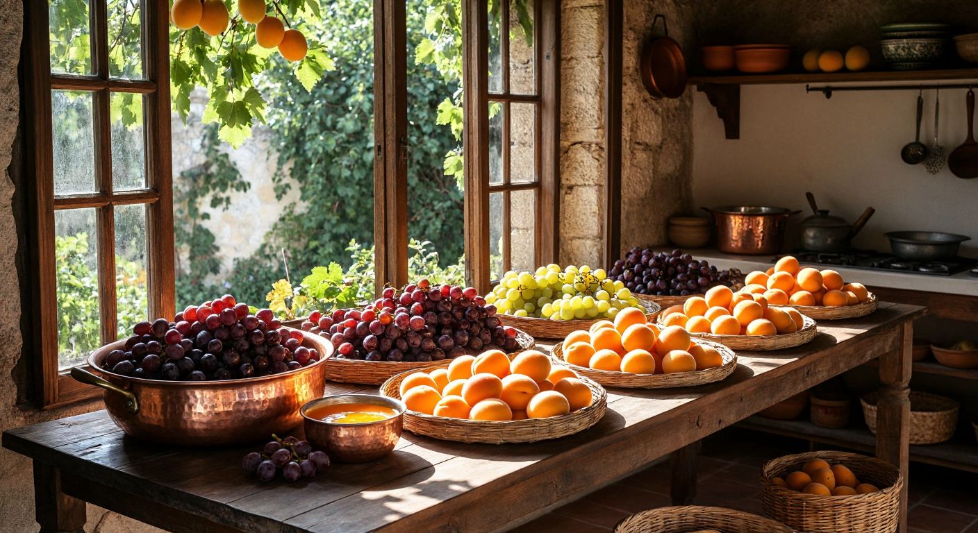 A sunlit Turkish kitchen with a wooden table covered in fresh apricots and grapes, their juices blending in a copper pot over a low flame, surrounded by drying fruit leather sheets on woven trays.