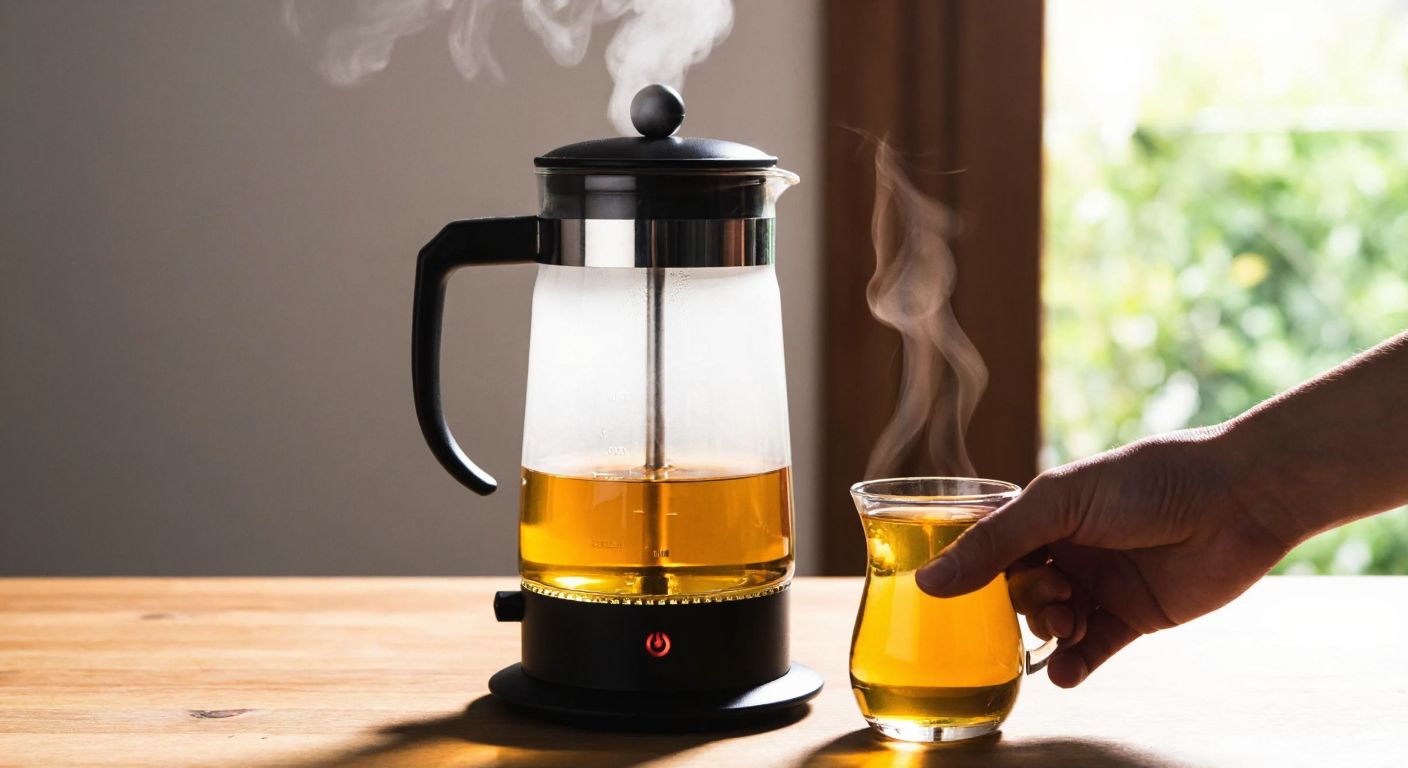 A sleek glass tea maker with stainless steel accents sits on a wooden table in a Turkish home, steam rising from its spout, while a hand reaches to pour golden tea into a tulip-shaped glass.