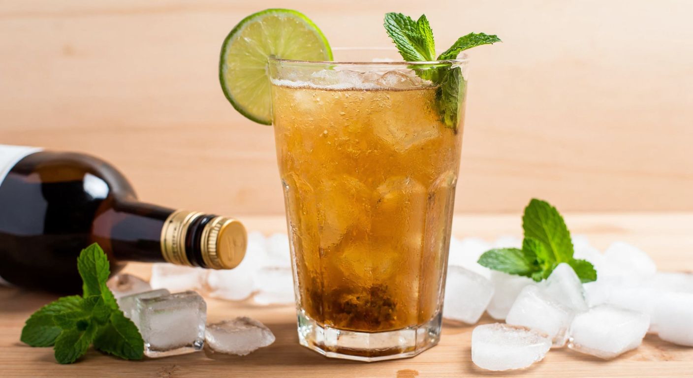 A tall, frosty glass filled with golden-brown Cuba Libre, garnished with a slice of lime and fresh mint leaves, resting on a wooden table with scattered ice cubes and a bottle of rum nearby.