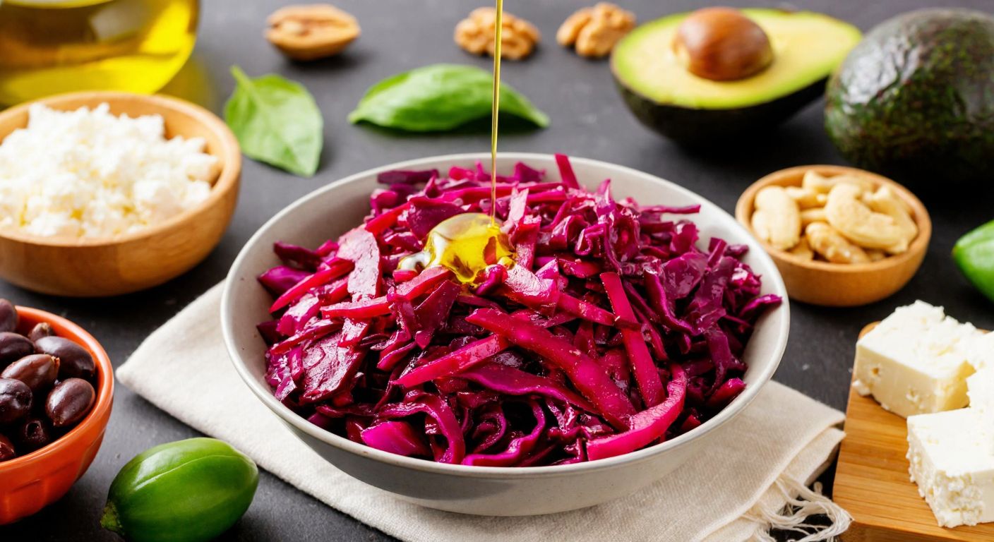 A vibrant Turkish kitchen scene with a bowl of fresh red cabbage salad drizzled with olive oil, surrounded by keto-friendly ingredients like avocados, nuts, and feta cheese, reflecting health and tradition.
