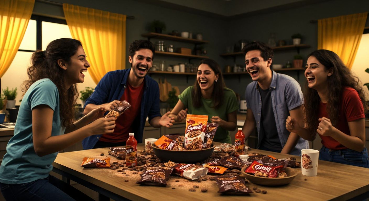 A vibrant Turkish kitchen scene with a group of cheerful young people laughing around a table covered in Eti Canga snacks, colorful packaging, and playful mess, while a creative team in the background sketches storyboards and films the lively moment.