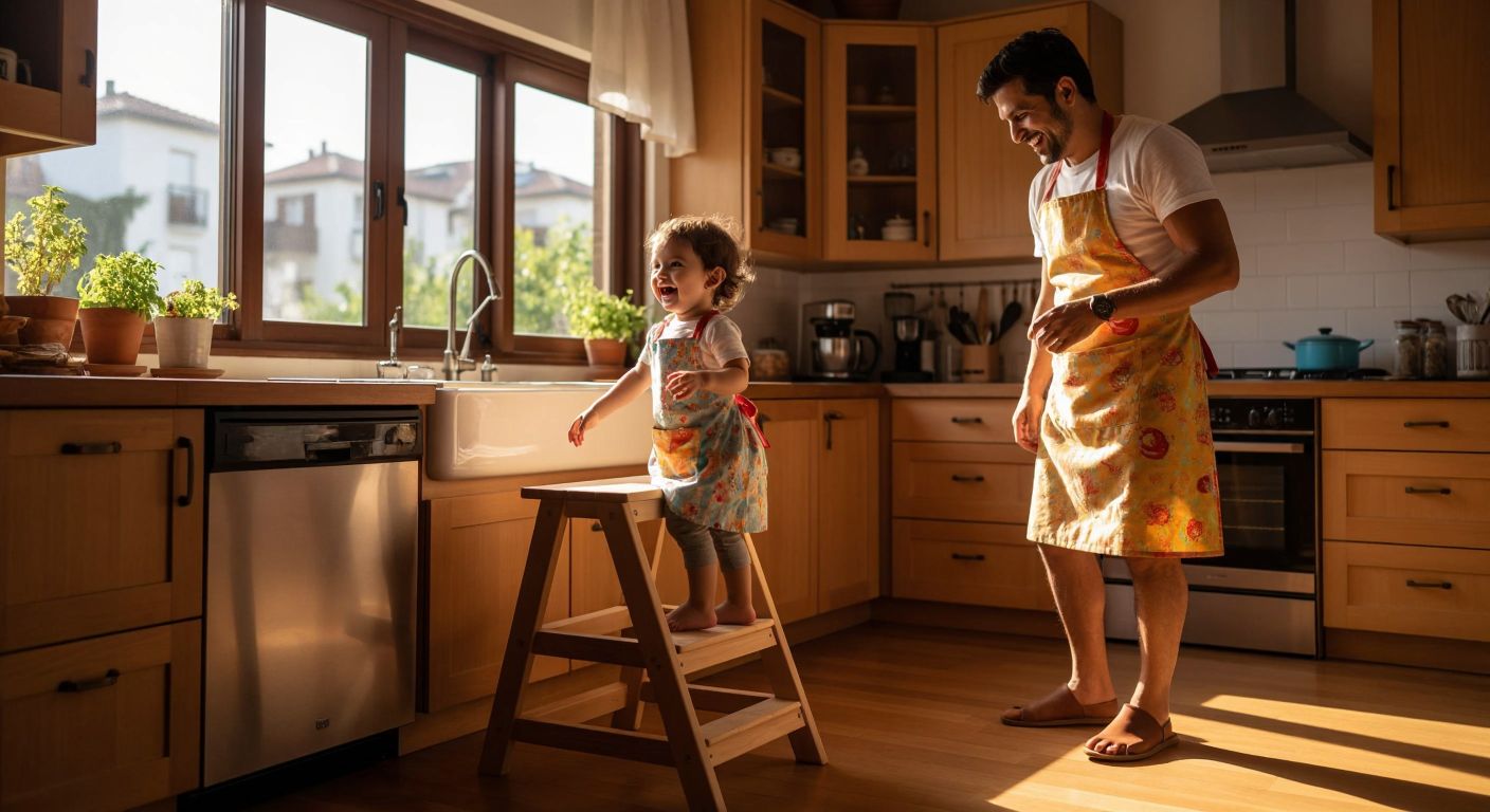 A sturdy wooden step stool with non-slip feet stands in a sunlit Turkish kitchen, where a smiling toddler in a colorful apron reaches up toward a countertop while a watchful parent stands nearby.