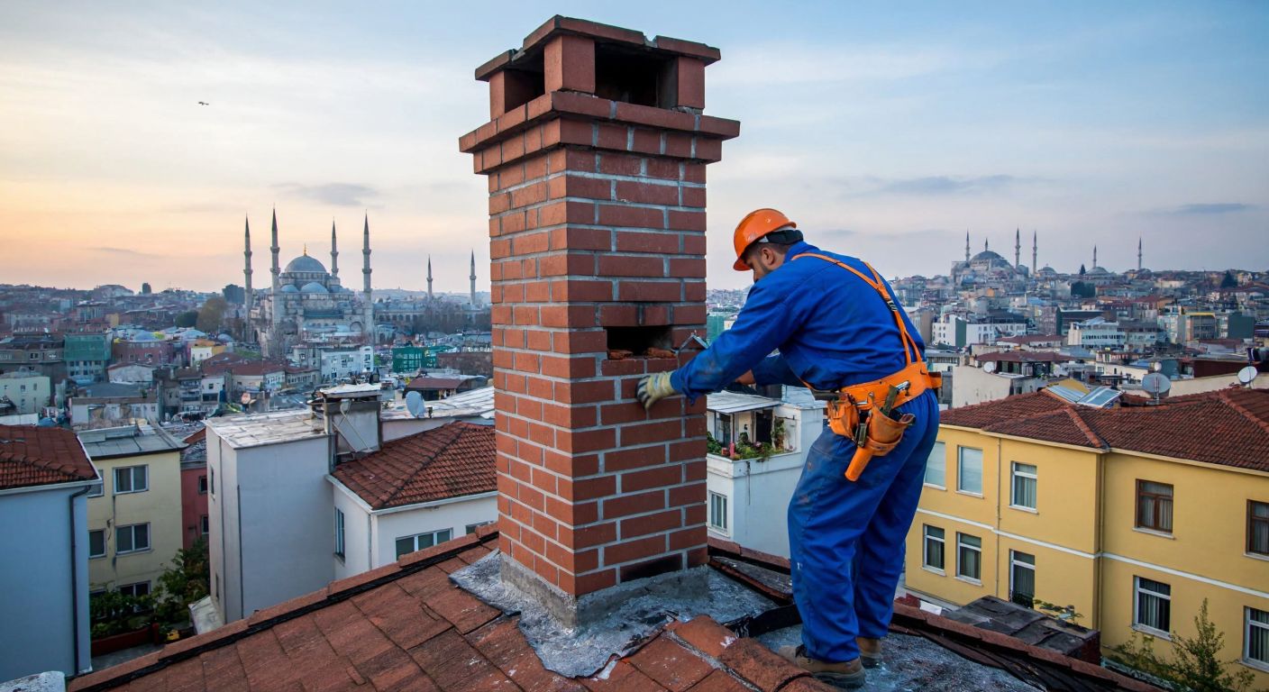 A skilled worker in a blue jumpsuit and a tool belt repairs a brick chimney on a rooftop in Istanbul, with the city's skyline and minarets visible in the background.