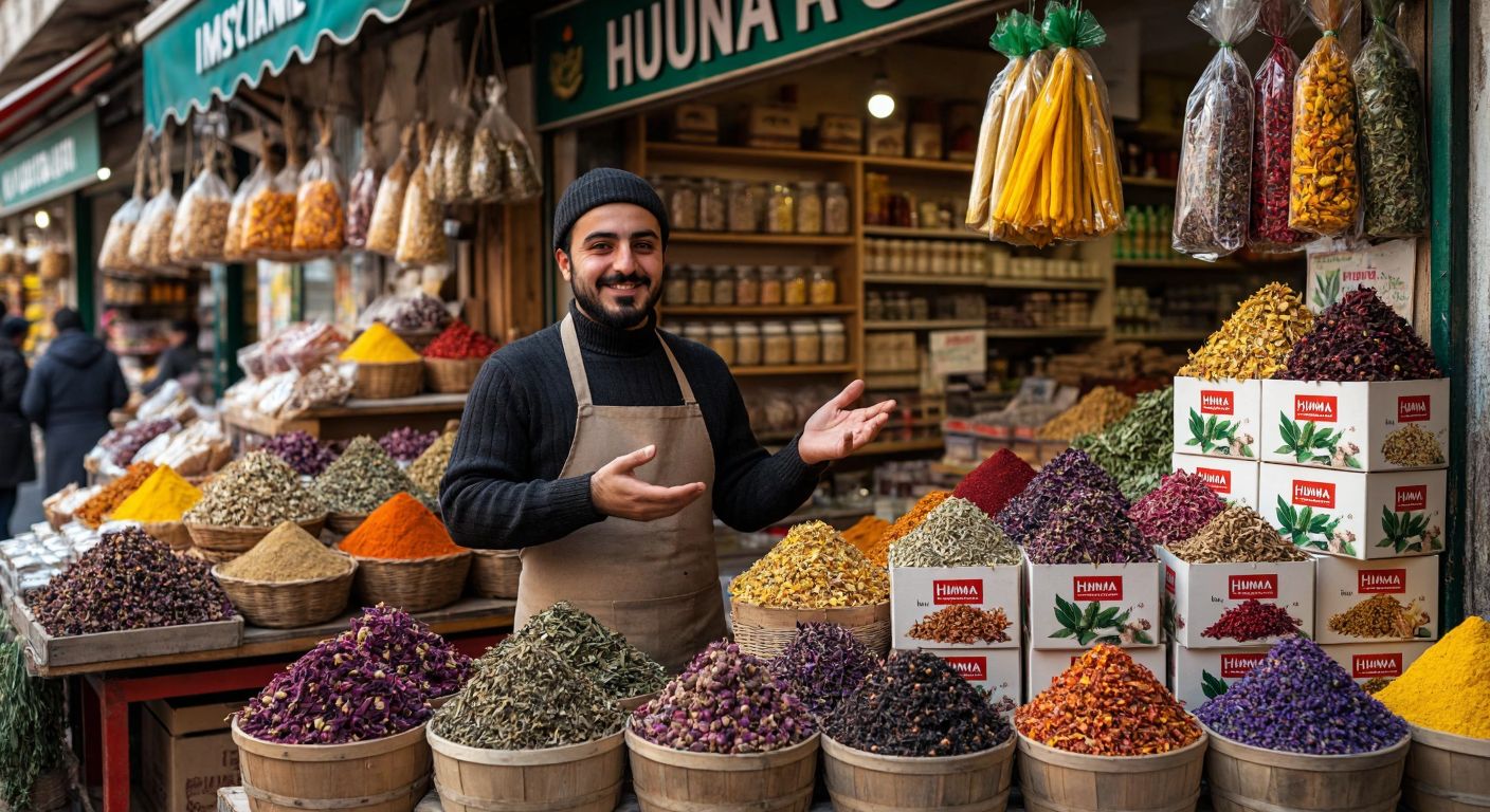 A warm, bustling Turkish market stall with neatly stacked boxes of Humana tea, surrounded by colorful dried herbs and spices, while a shopkeeper in an apron gestures toward the tea with a welcoming smile.