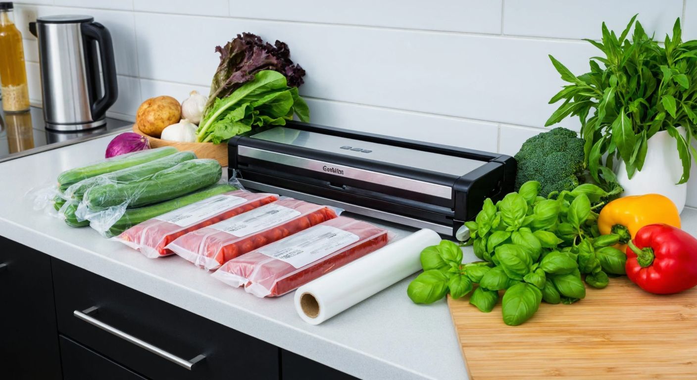 A Turkish kitchen countertop with neatly arranged resealable plastic bags, a handheld vacuum sealer, and a roll of stretch film next to fresh vegetables and herbs.